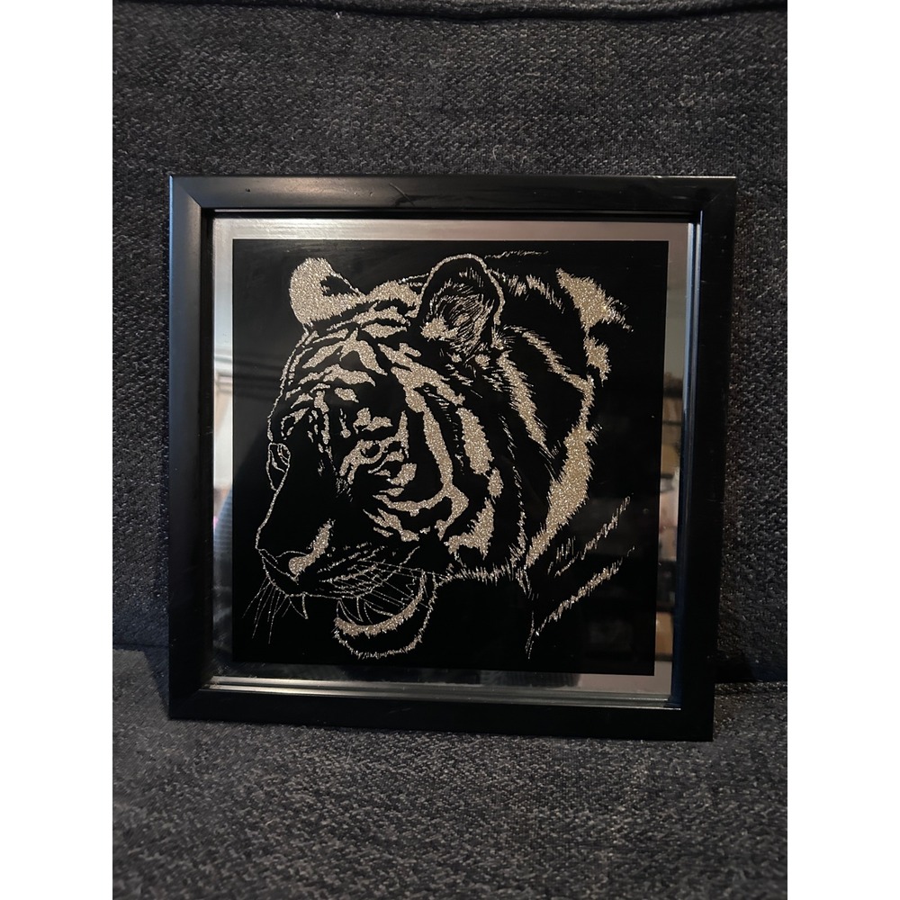 Framed Tiger Head Art Black Background‎ Gold Glitter Wall Home Decor 1